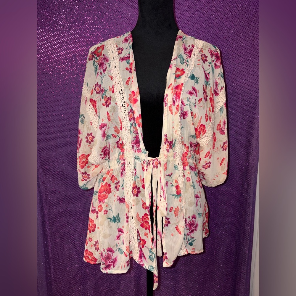 Floral Lace Trim Kimono Cardigan Bell Sleeve Tie Front Boho